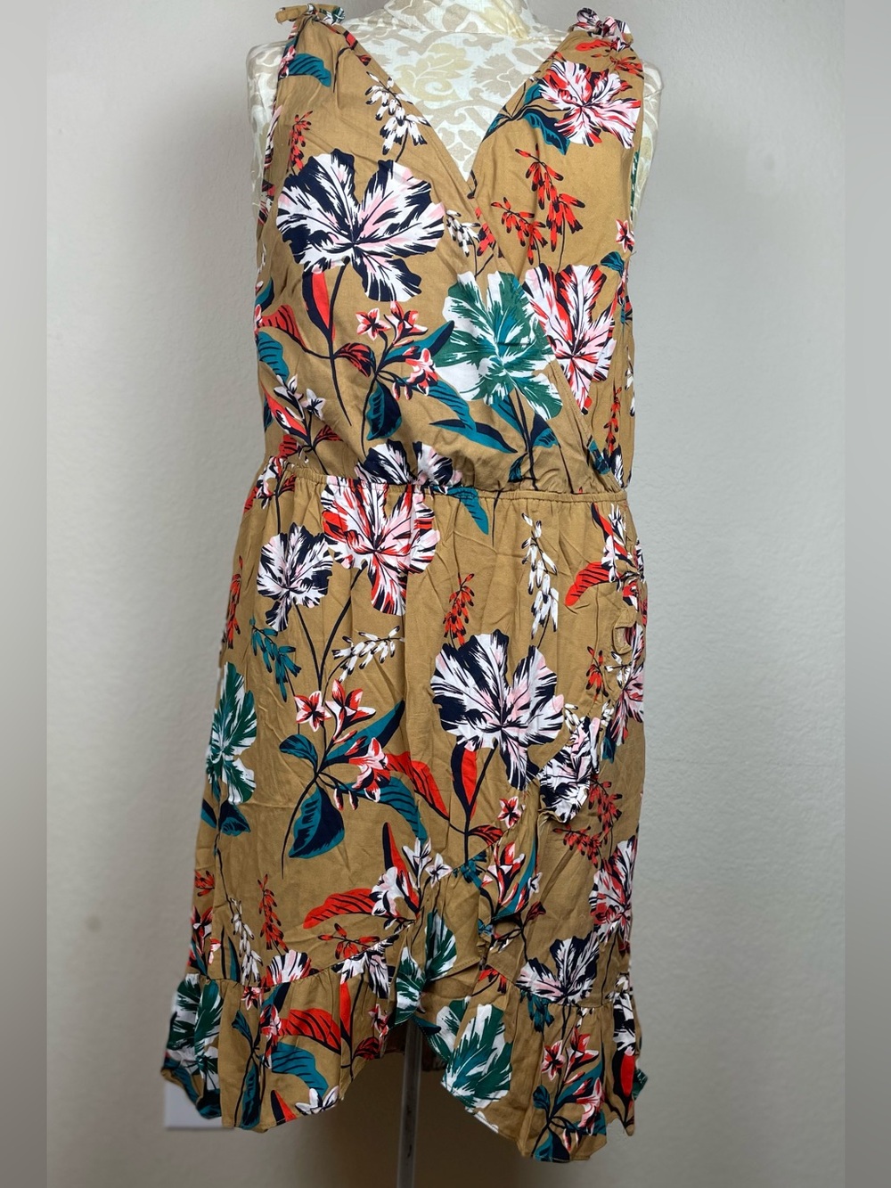 Tie-Shoulder V-Neck Midi Dress | Mustard Tropical Print | Faux Wrap | Size Med